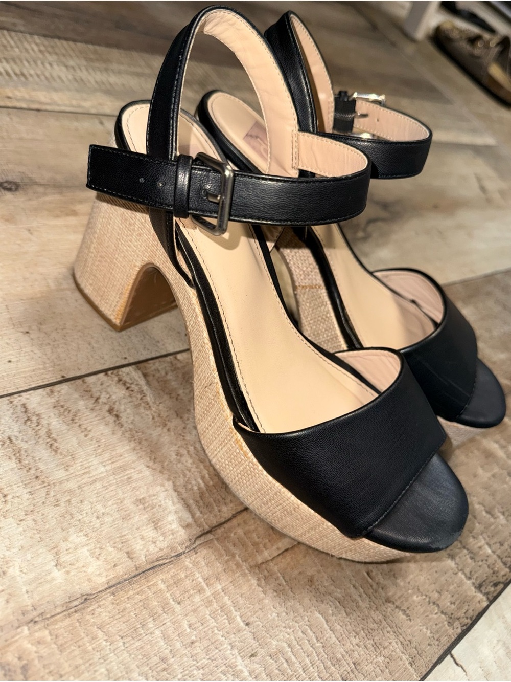 Dolce Vita Black Leather Platform Sandals with Raffia-Wrapped Heel